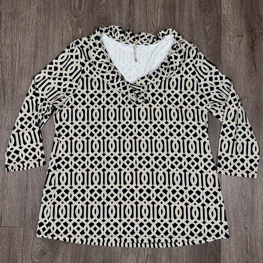 Lulu-B Womens Large Geometric Ruffle Neck 3/4 Sleeve Top Black Beige